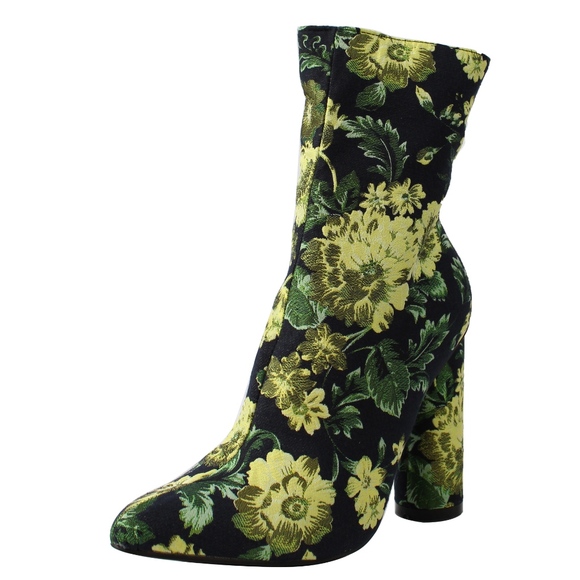Size 6 Yellow Floral Pointy Toe Cylinder Block Ankle Boot - Picture 2 of 6